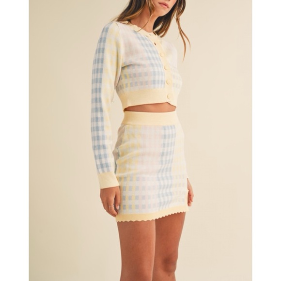 MABLE Soft Spring Pastels Color Block Checker Scalloped Skirt & Cardi Set - Picture 10 of 11